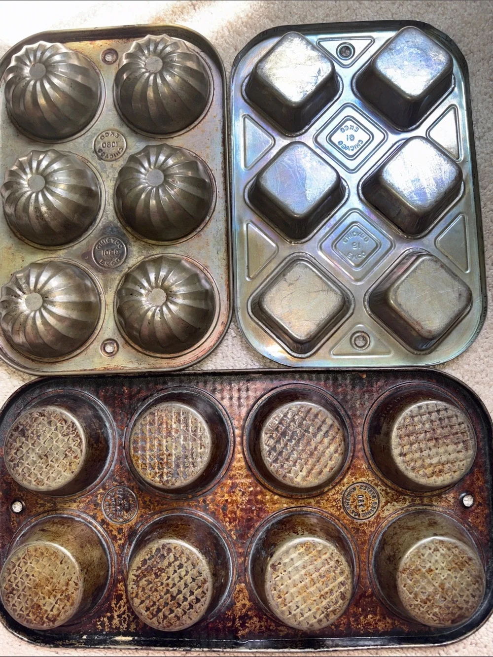 Vintage EKCO & Ovenex Muffin Pan Lot, Farmhouse Kitchen Decor